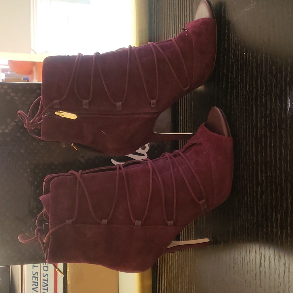 Sam Edleman Peep Toe Suede Lace-Up Bootie- Wine Color
